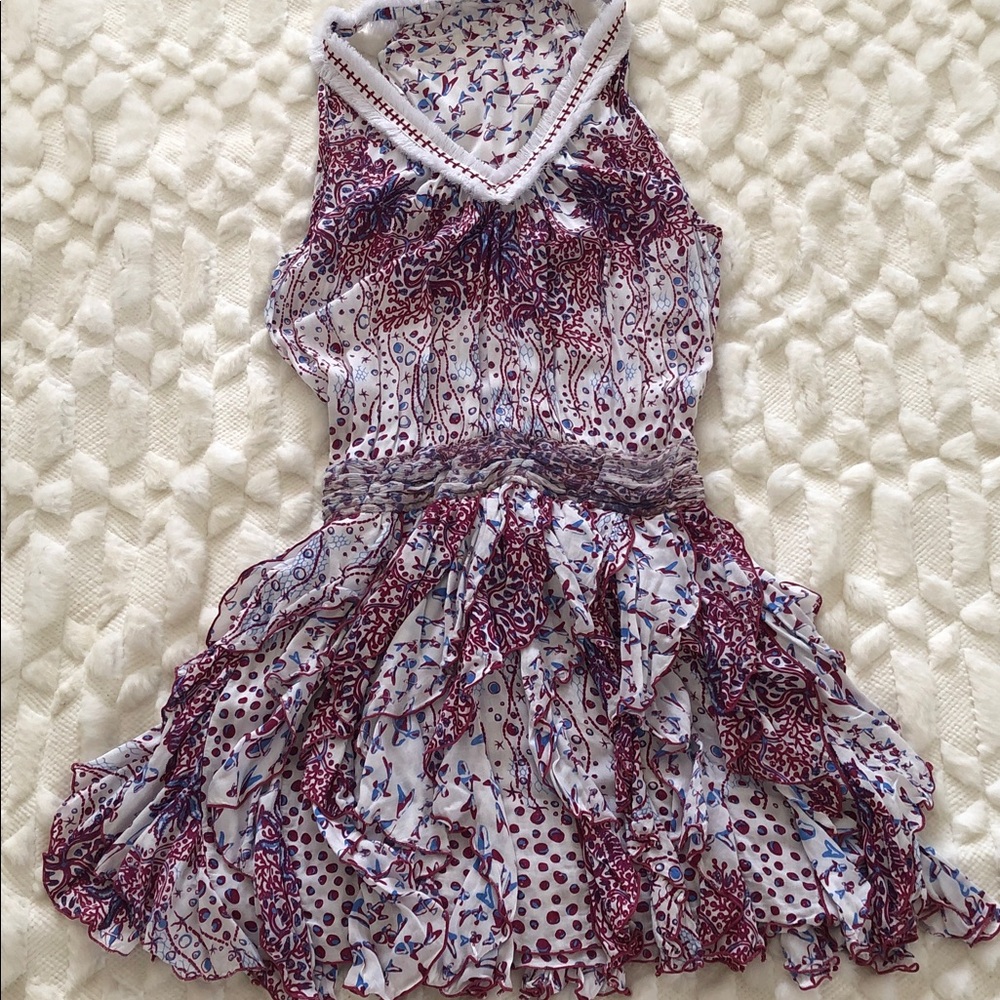 Poupett St Barth White Halter Mini Dress with Plum & Blue Print